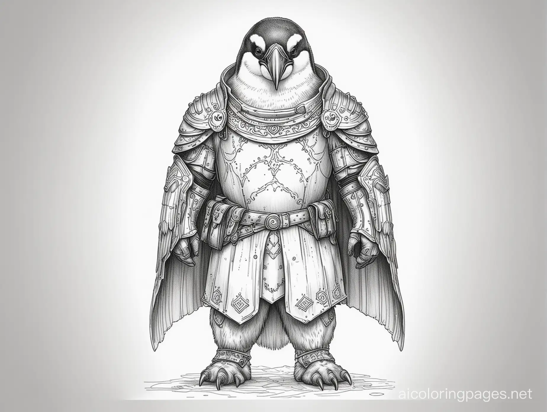 Armored emperor penguin knight, Coloring Page, black and white, line art, white background, Simplicity, Ample White Space. The background of the coloring page is plain white to make it easy for young children to color within the lines. The outlines of all the subjects are easy to distinguish, making it simple for kids to color without too much difficulty