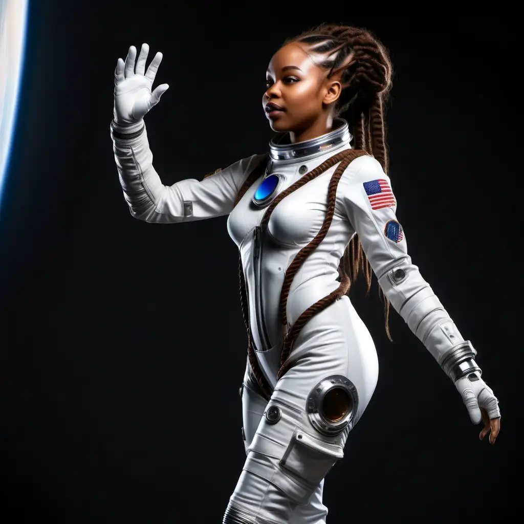 a sexy, african American  in future looking space suit, . high fiving , looking left,semi realistic, full body view , no helmet , wearing braids