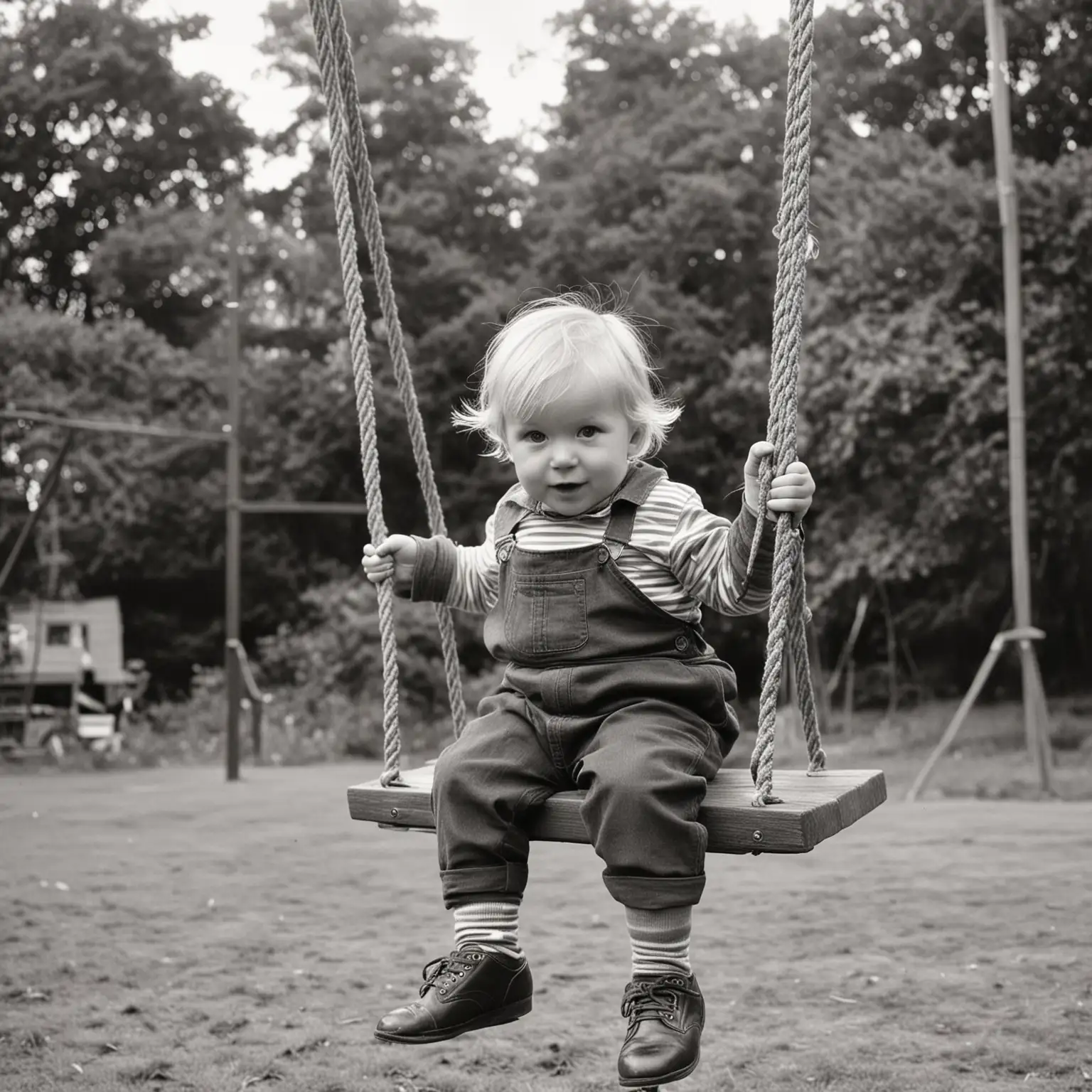 A very old black and white photo of a blond toddler sitting on the giant swing. He is wearing long dark trousers with socks in the style of an old photograph.
