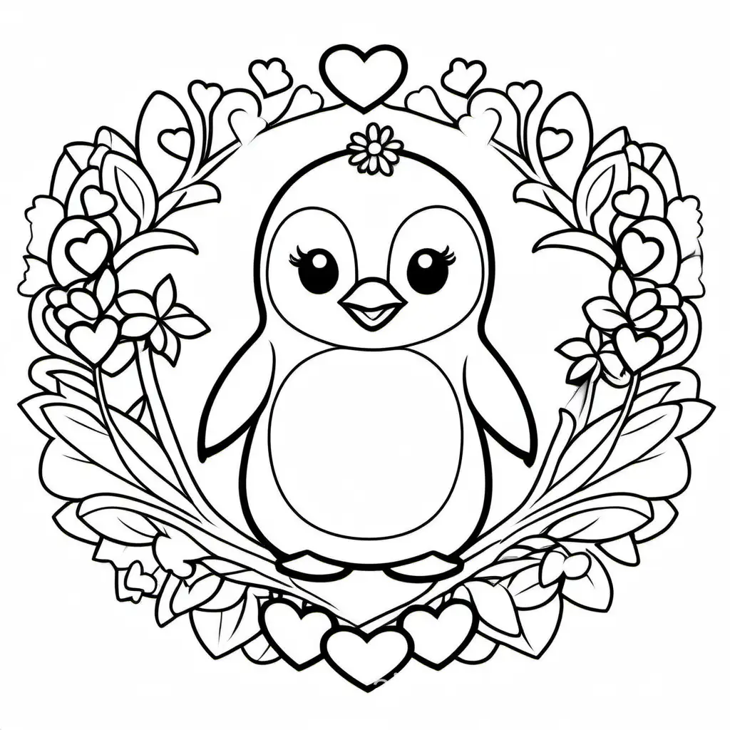 little Penguin is holding a flower and hearts surrounding, Coloring Page, black and white, line art, white background, Simplicity, Ample White Space. The background of the coloring page is plain white to make it easy for young children to color within the lines. The outlines of all the subjects are easy to distinguish, making it simple for kids to color without too much difficulty