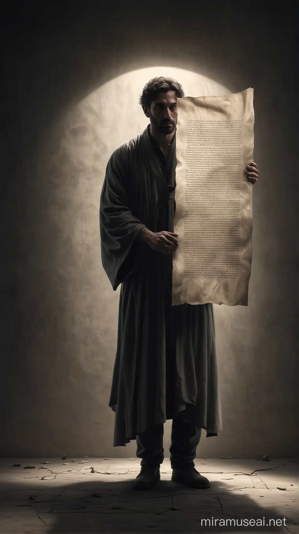 A lone figure emerging from the shadows, clutching a scroll or message. hyper realistic