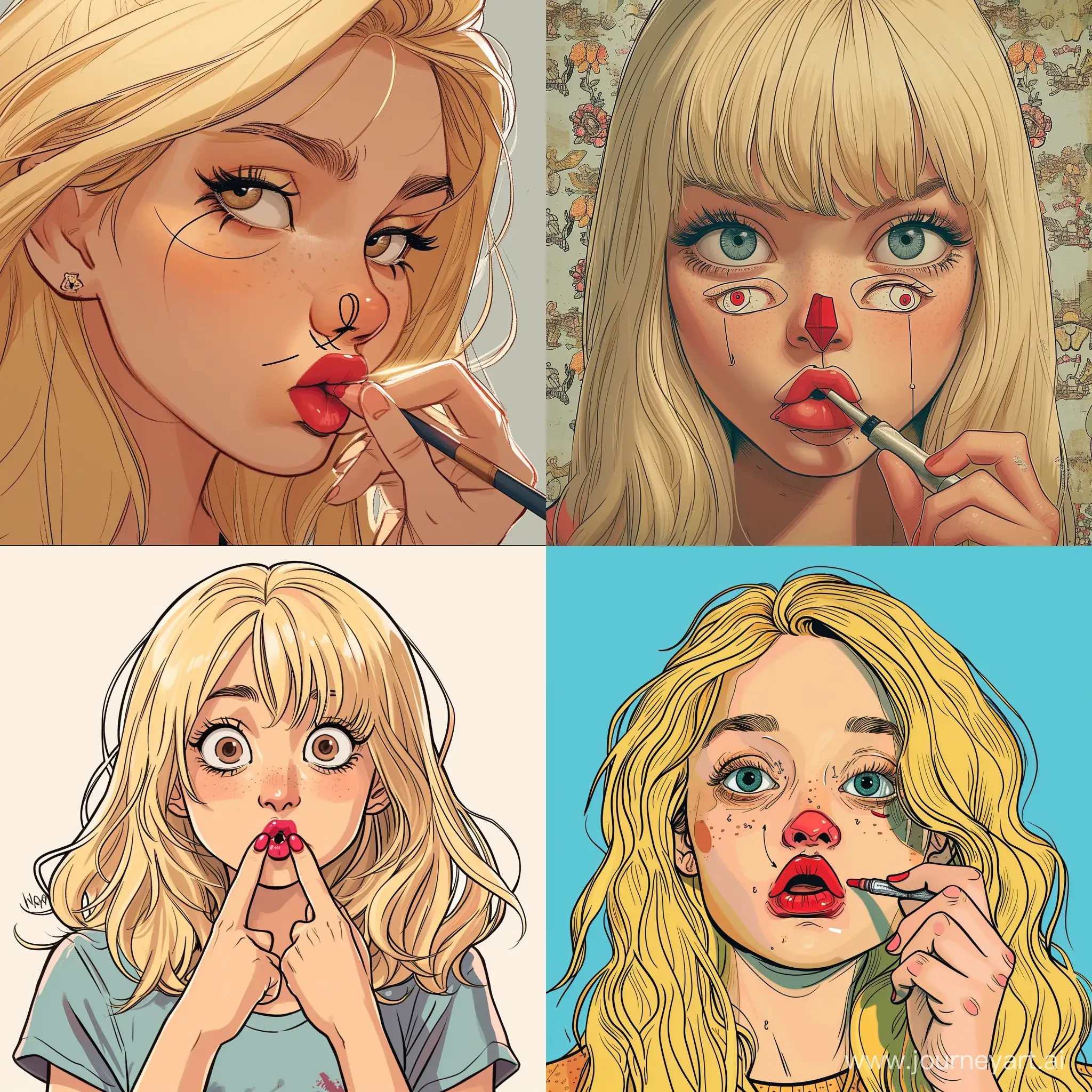 A blonde girls 15 years old with lipstick drawing her face with. With lipstick she draws her nose and her eyes, but not her mouths. Comic. Cartoon