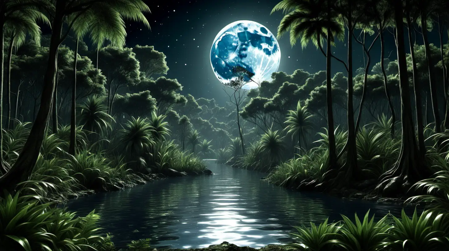 Realistic Moonlit Jungle with Tall Trees and Water
