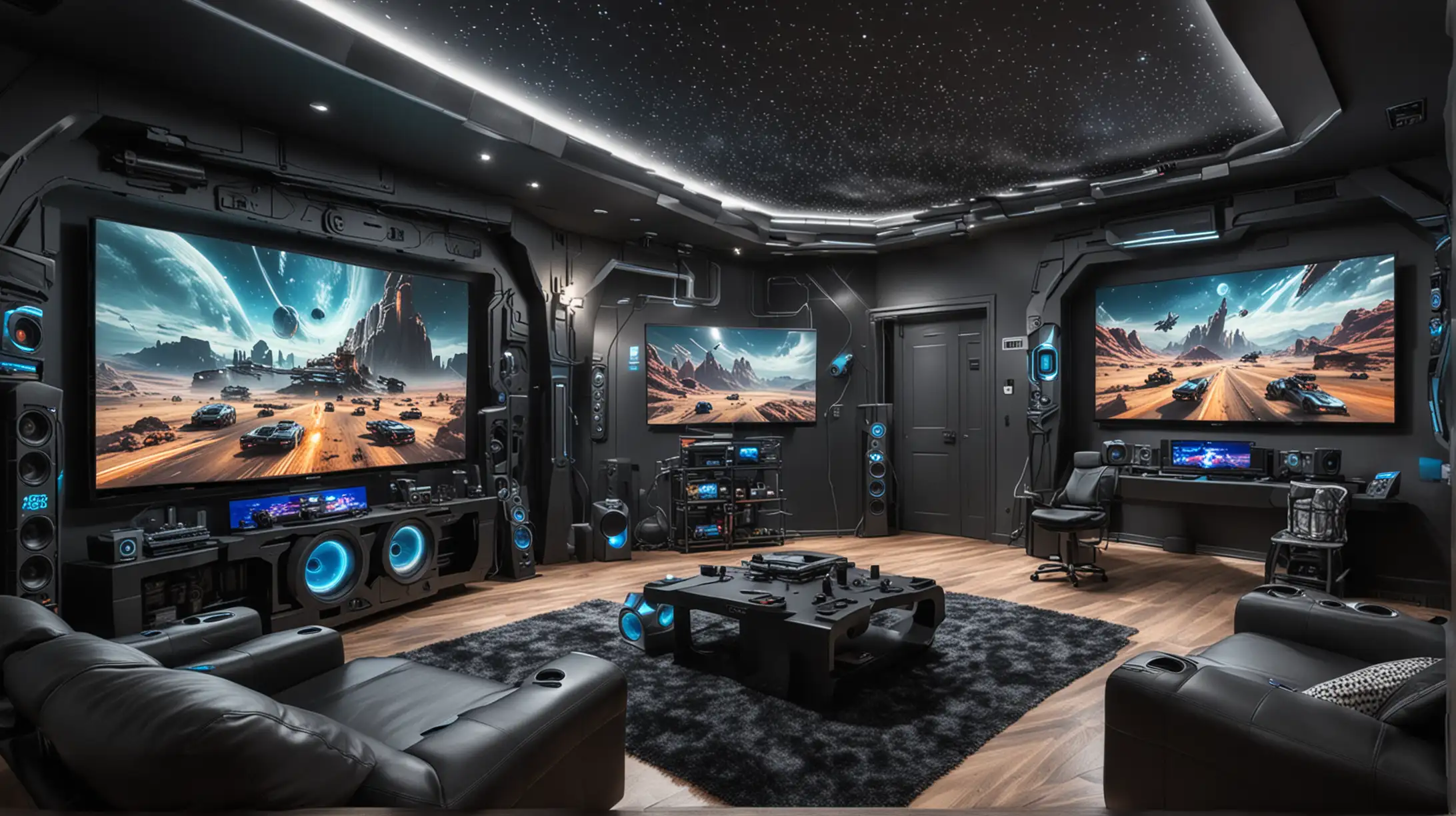 The greatest PC setup and playroom and home cinema ever for any geek and gamer with a futuristic vibe to it.