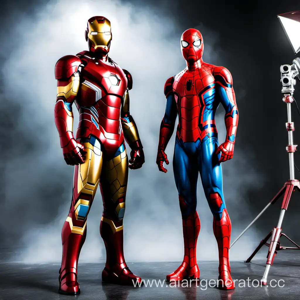 Железный человек и человек паук стоят гордо перед камерой