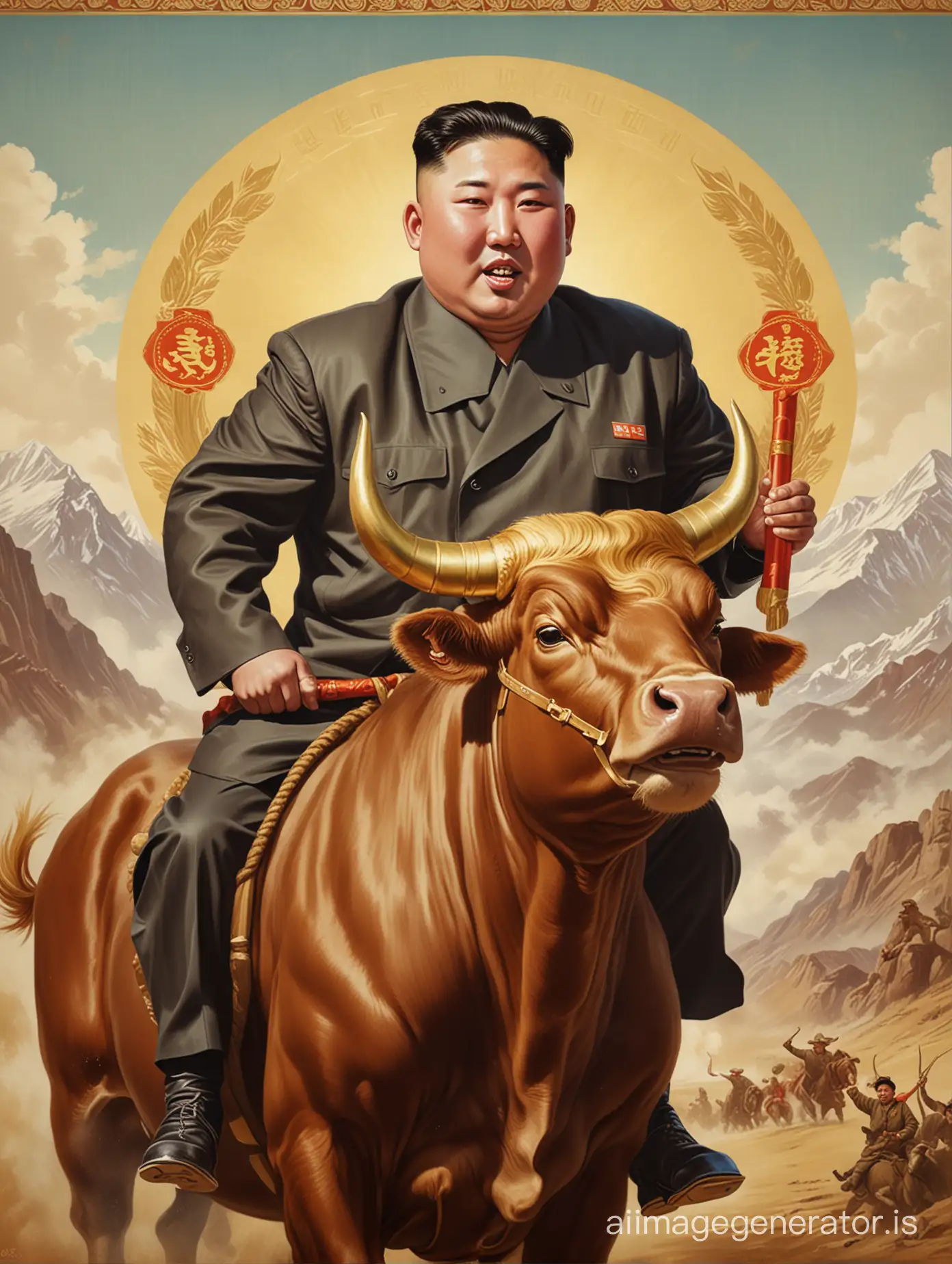 portrait of Kim Jong Un riding a bull with gold horns, in the style of a vintage propaganda poster