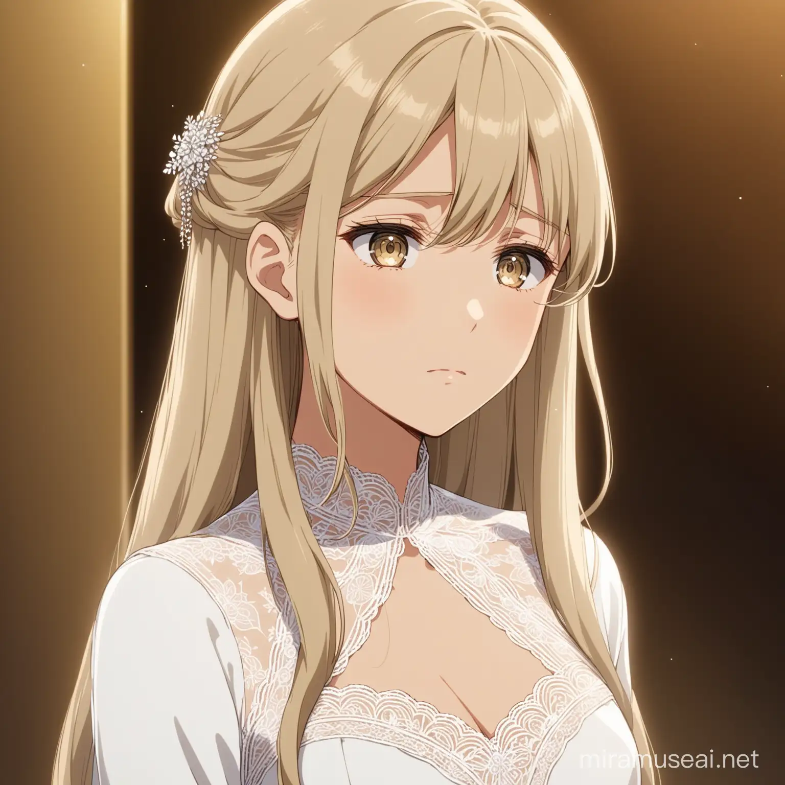 A ash blonde hair woman, she has sad hopeful eyes, she wears a white elegant dress. in anime