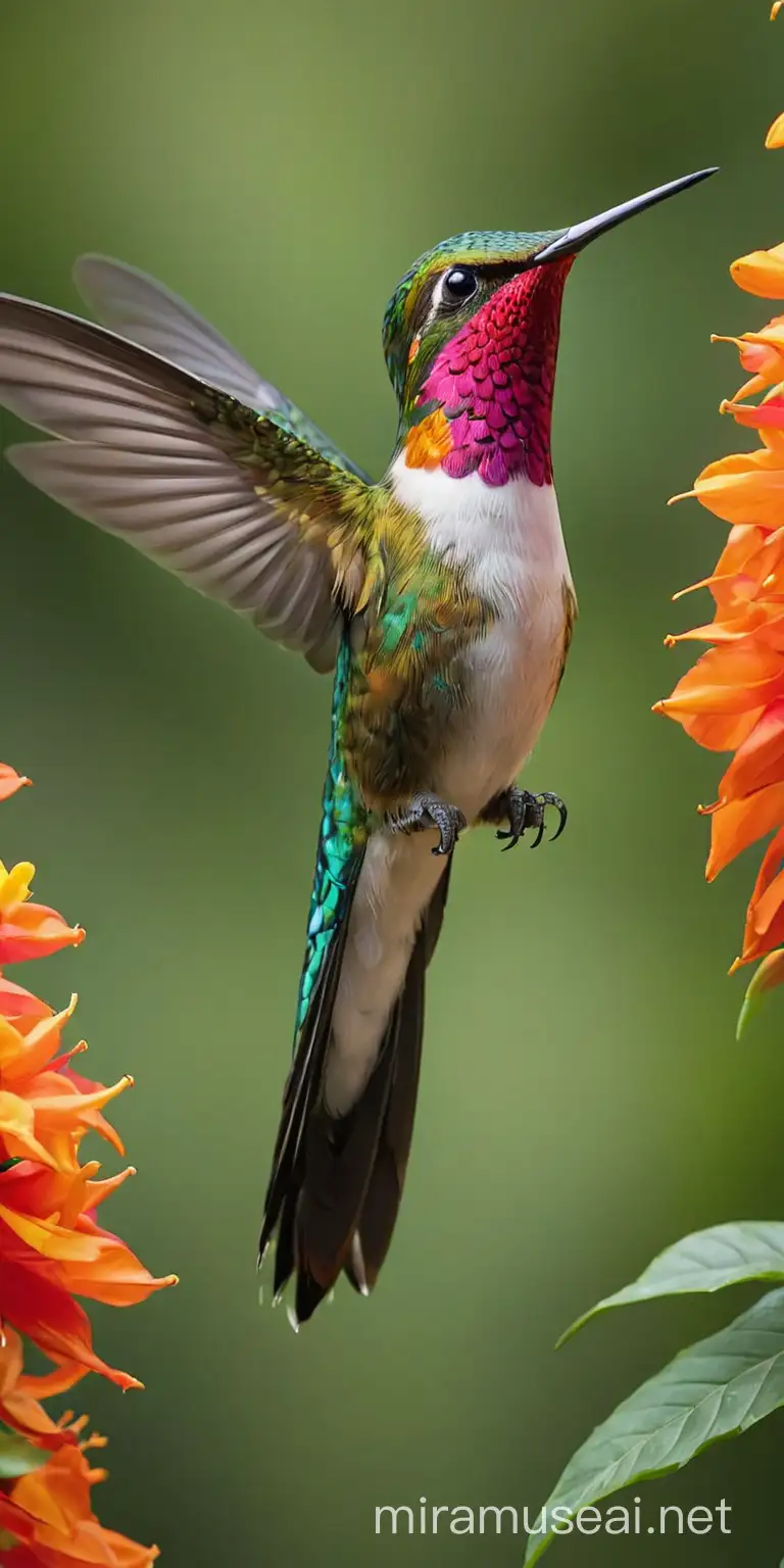 Vibrant Tropical Hummingbird Feeding on Colorful Flowers