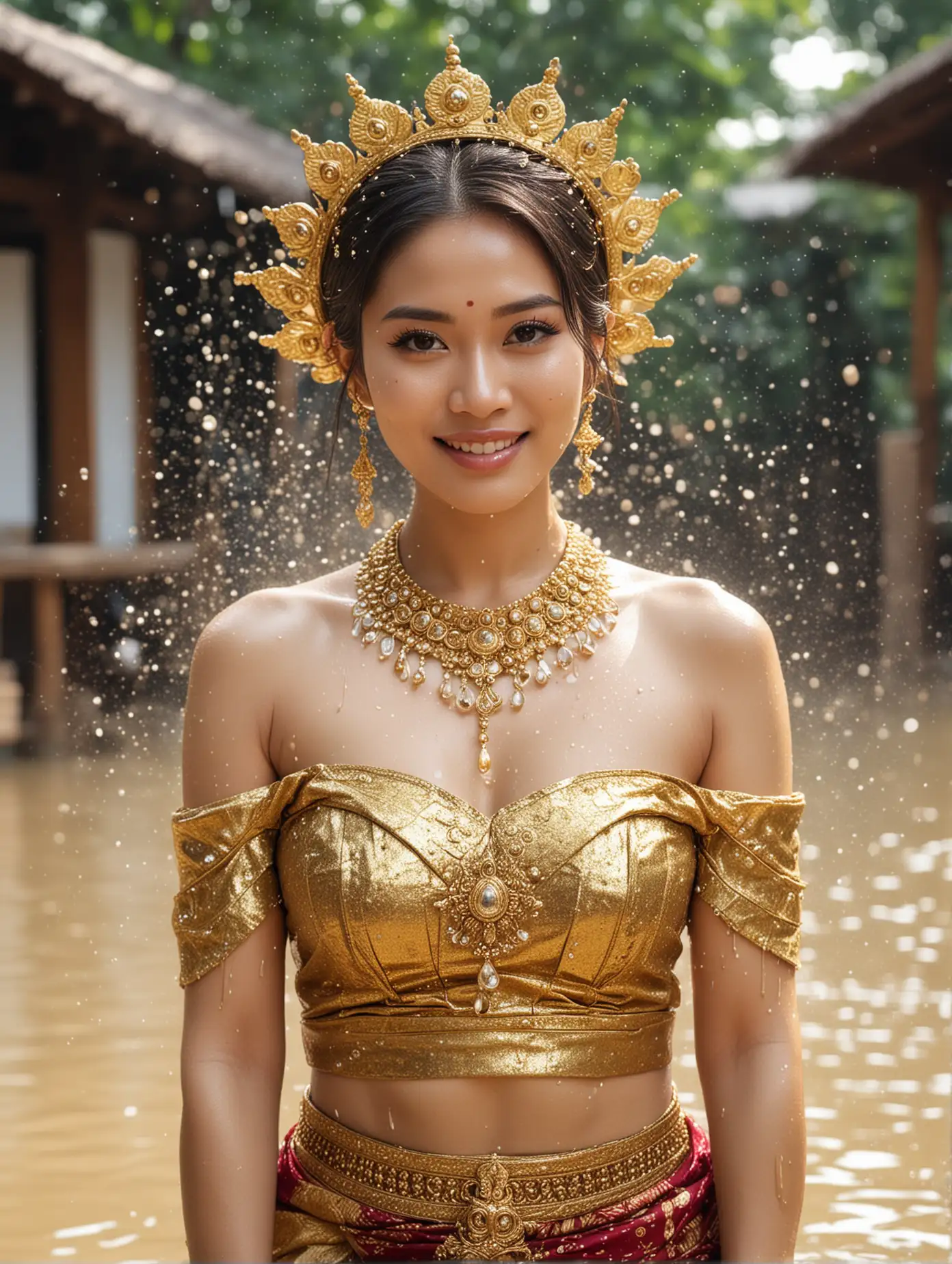 Thai Beautiful woman , in traditional Thai dress，gold accessories，exquisite facial features, facing the camera, scene during Songkran Festival, splashing water action, full body photo