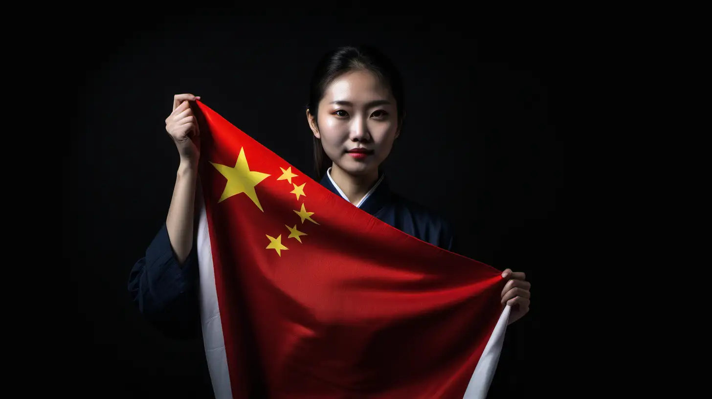 Against a profound black background, create a captivating image of a person cradling a radiant Chinese flag in their hands, symbolizing profound patriotism and love for their country.