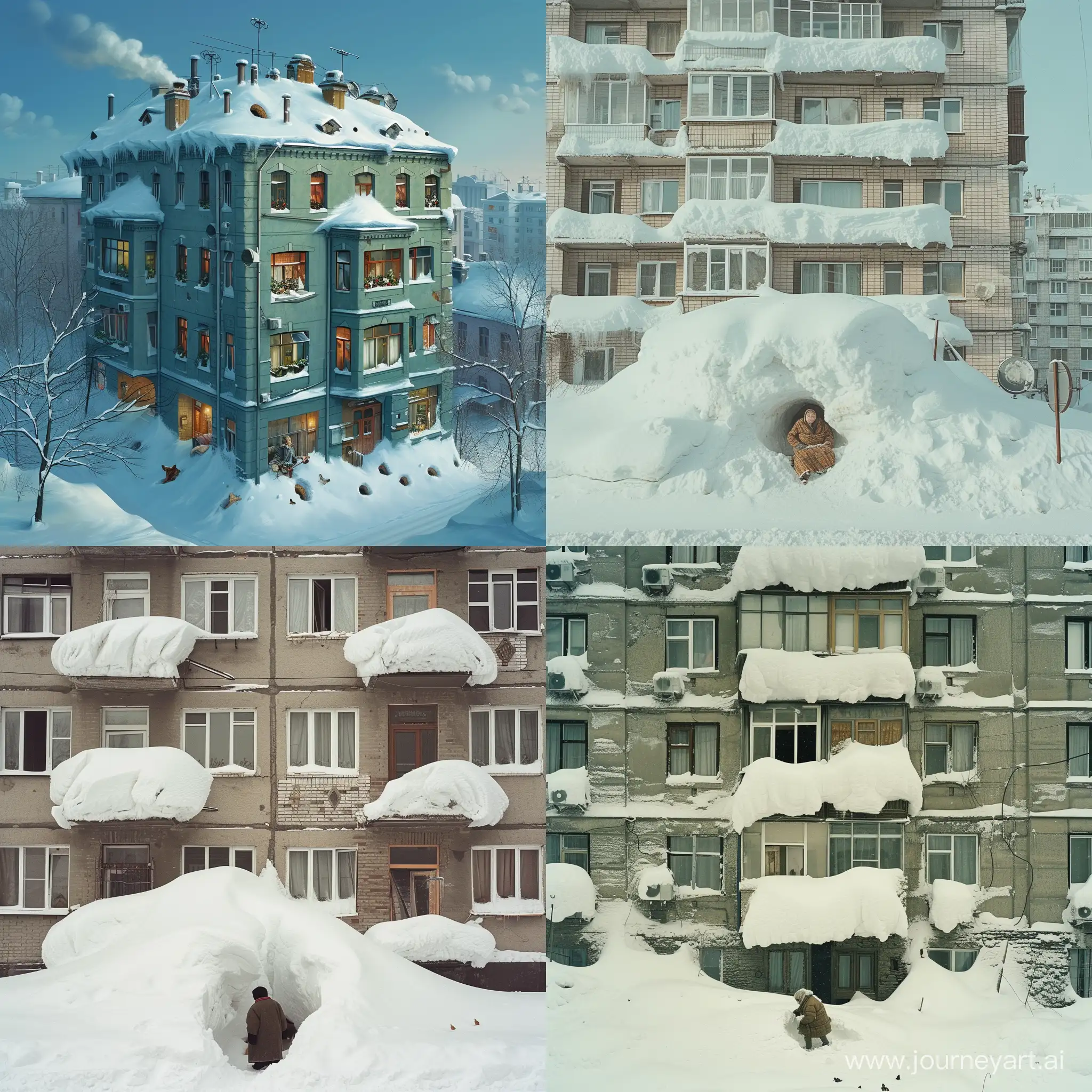 The nine-storey building was covered with snow up to the roof, the residents fell asleep for the whole winter, wrapped in a blanket. Only the grandmother does not sleep, digs holes around the house, runs briskly back and forth through them, climbs into windows, runs apartments, feeds cats. And in the evenings he sits on the roof and listens to the sound of the wind.