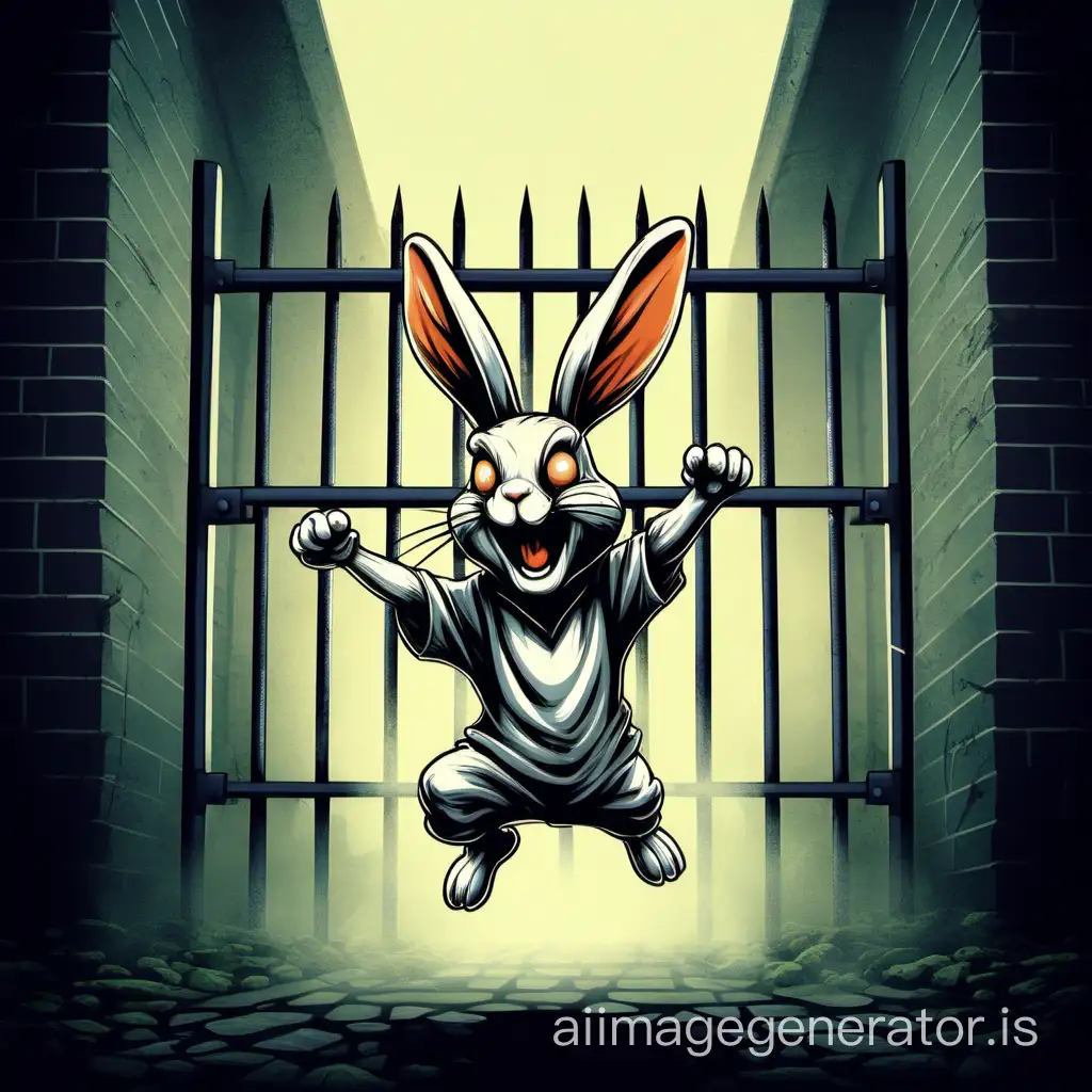 evil rabbit jumping out of a prison