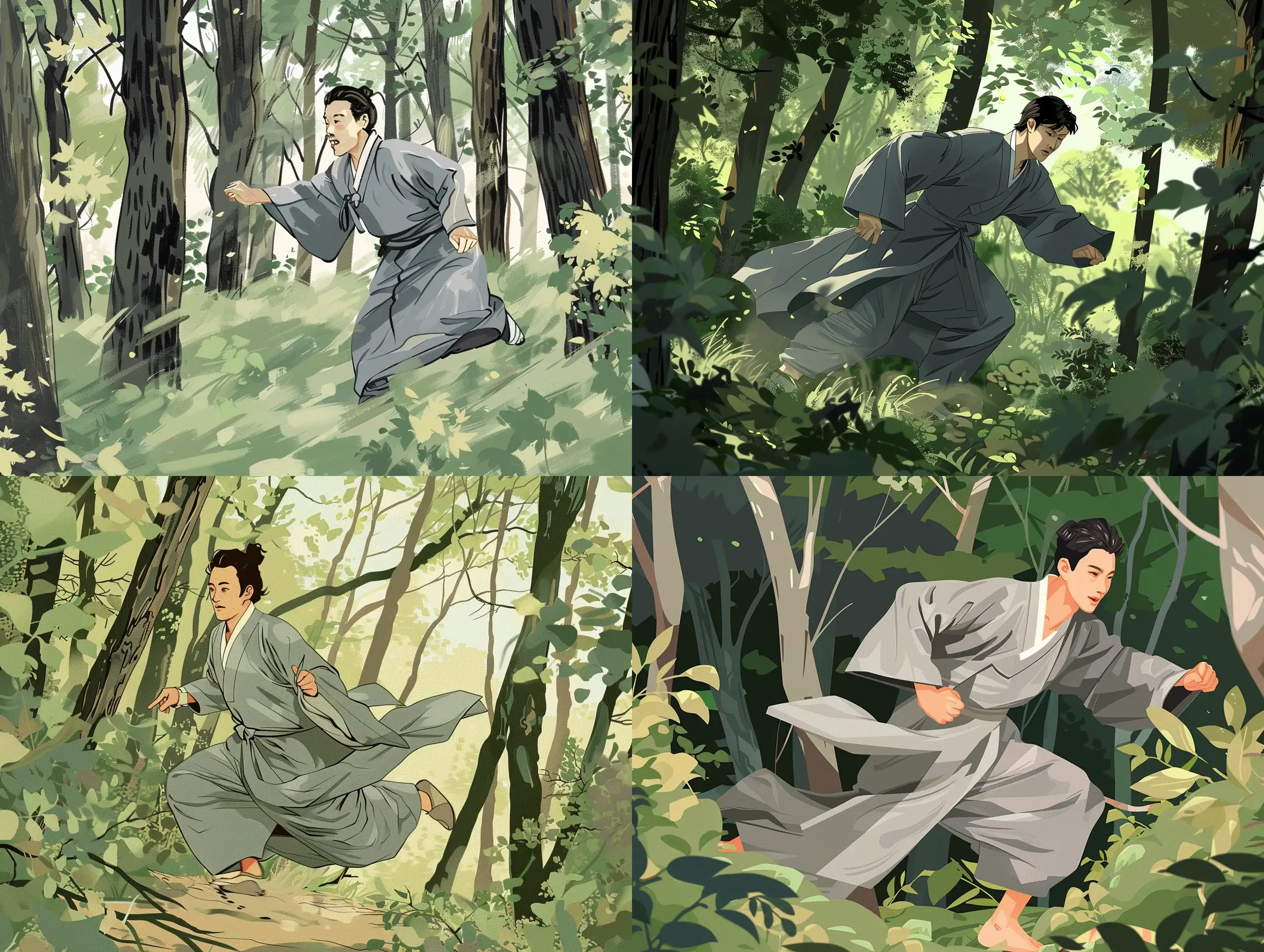 Illustration like fairytale about Korean man in the grey kimono who run through the forest