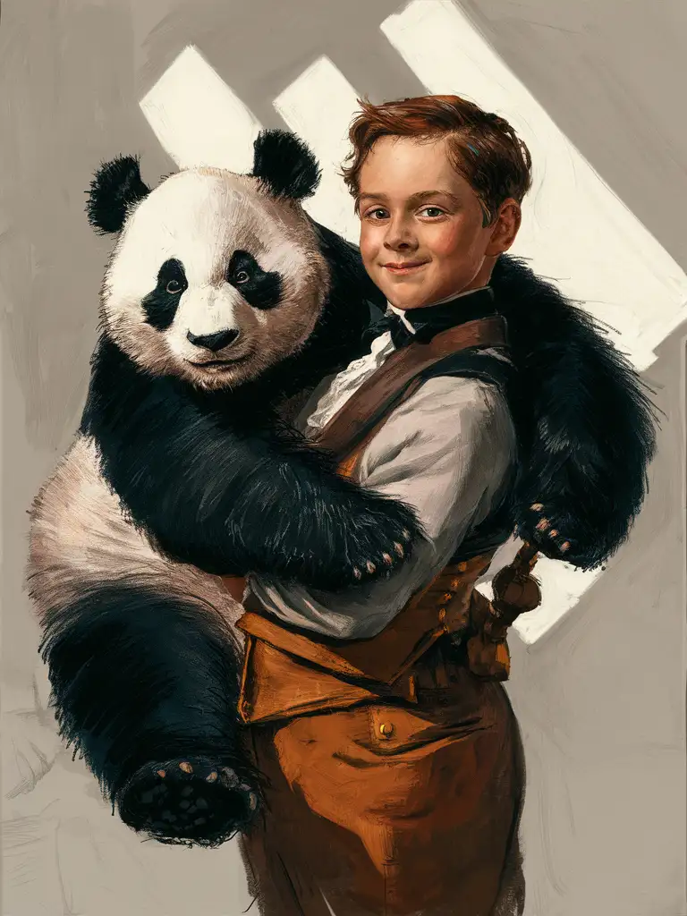 Nineteenth Century Boy with Giant Panda Bold Lighting and Intricate Details