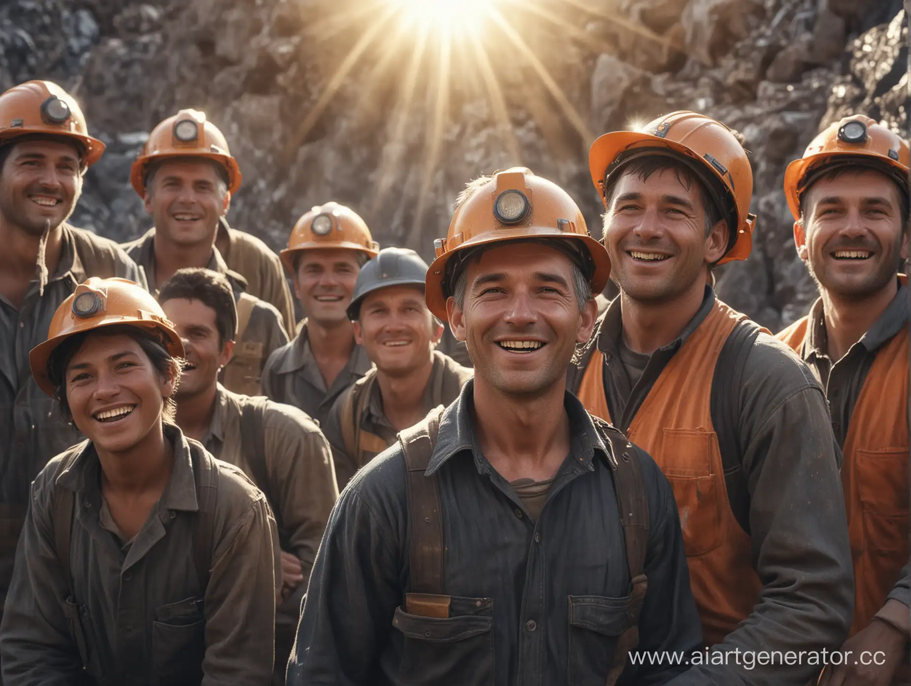 Сгенерируй реалистичное изображение, на котором изображены шахтёры на угольном разрезе. Шахтеры обучают новичков своему делу. Светит солнце, на разрезе весна. Все шахтеры улыбаются. Изображение должно быть в высоком разрешении.