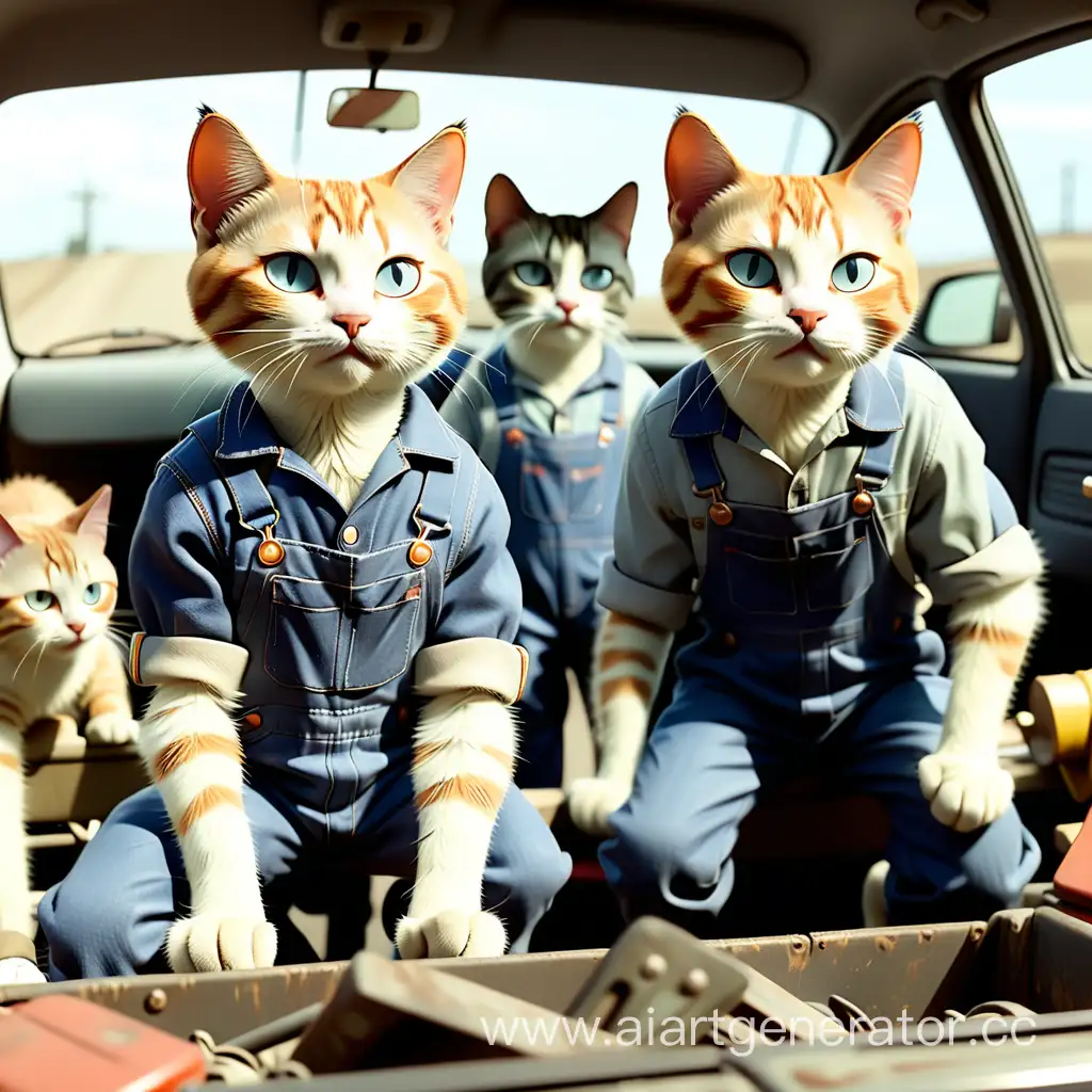 Кинематографический снимок коты одетые в рабочую робу копаются в машине