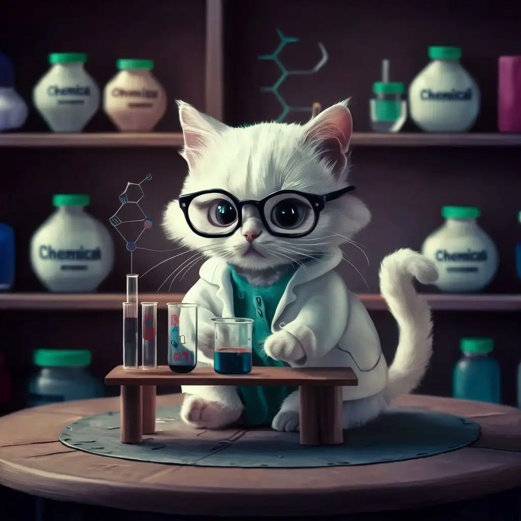 Белый кот изучающий химию 