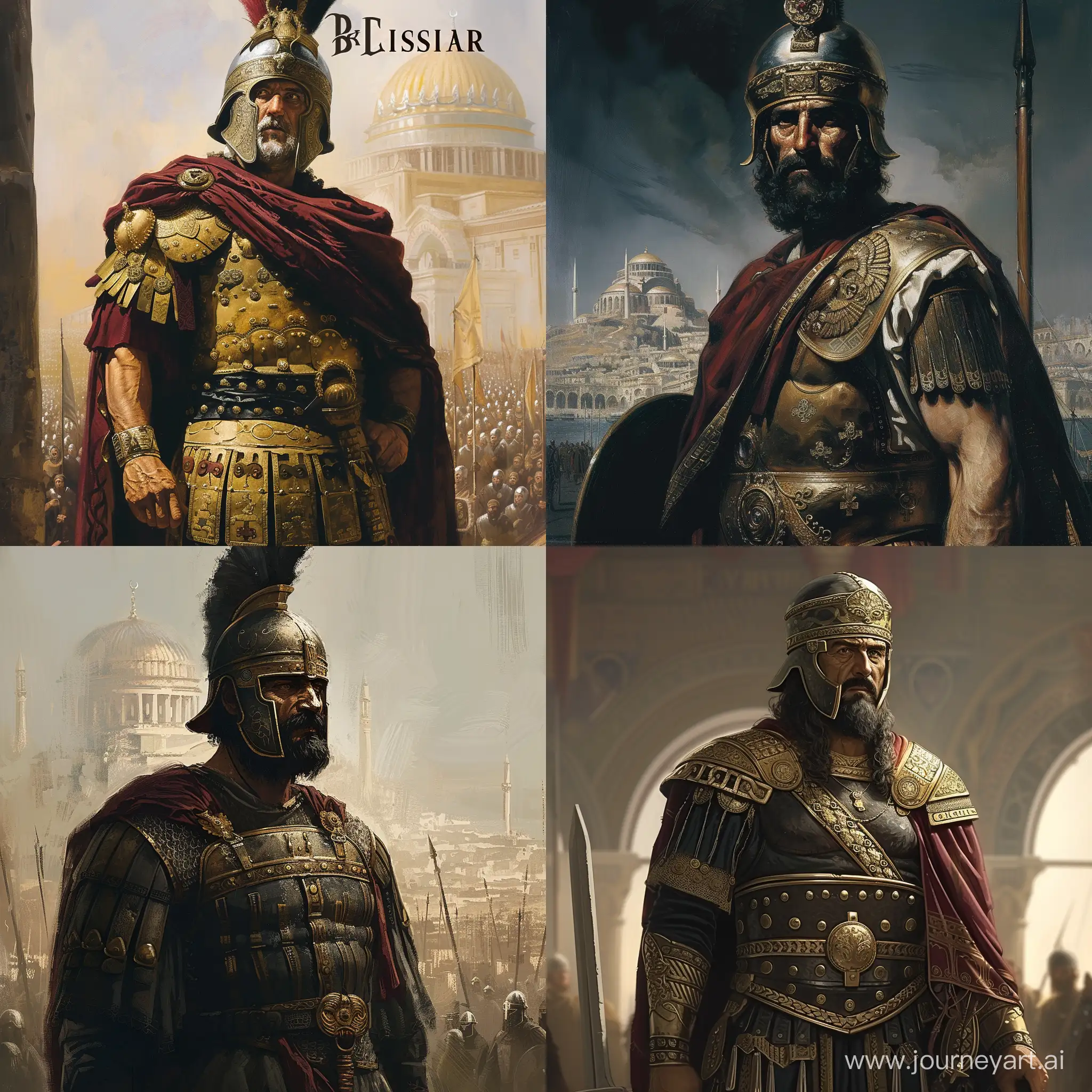 Byzantine General Belisarius standing tall. Constantinople background. Wearing byzantine noble attire and helmet. He seems brave and proud.