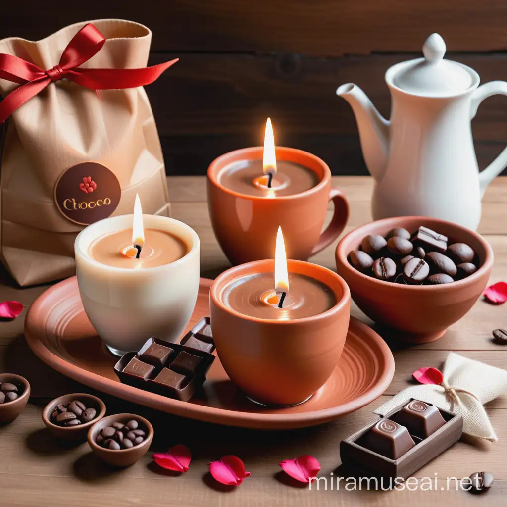 Large candle made of coffee on a terracotta ceramic plate, rustic but stylized. 2 small cocoa candles inside rustic-stylized terracotta ceramic glasses, handmade bag with coffee beans, small box with small assorted gourmet chocolates, red and white rose petals, romantic greeting card, bag with coffee grounds, 2 cups of espresso coffee. Wood table