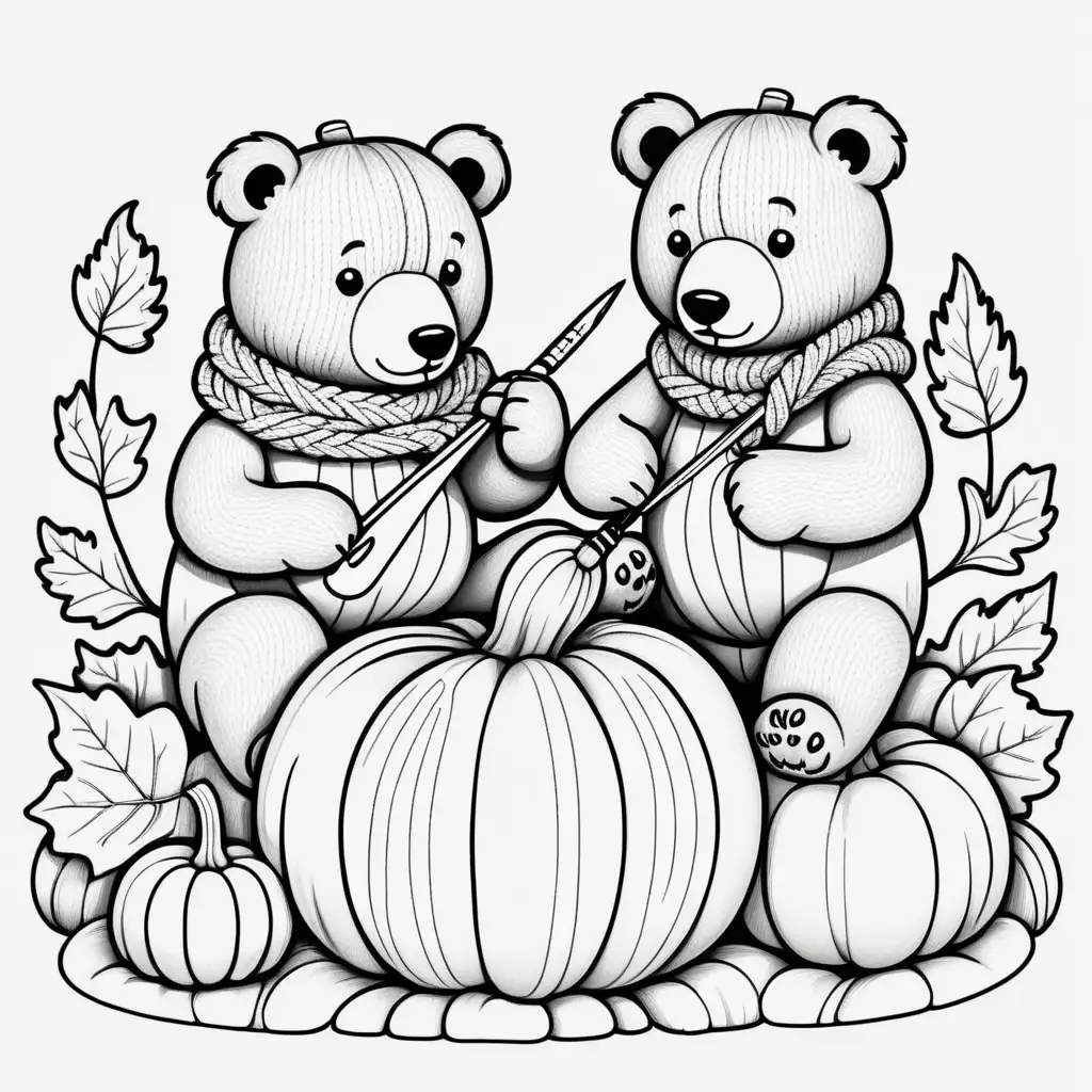 Two bears sitting on a pumpkin. The first bear is knitting a scarf. The second bear is holding a crochet hook. Tattoo style. Simple. Cute. Coloring book. 