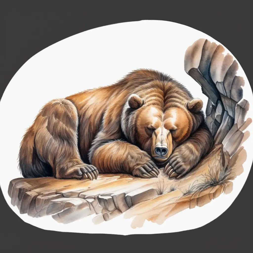cave bear curled up sleeping, dark watercolor drawing, no background