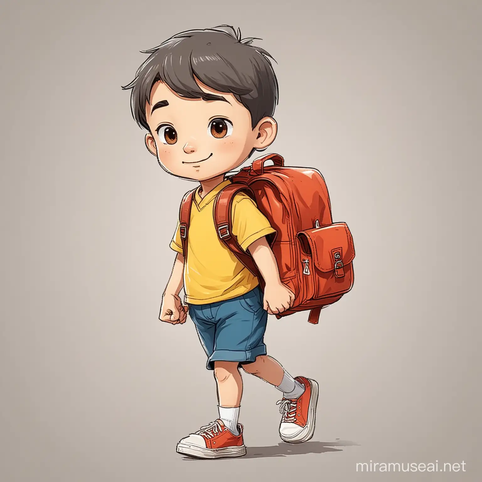 手绘漫画风格，背景为白色，中国小男孩儿，8岁左右，背书包去上学，短发