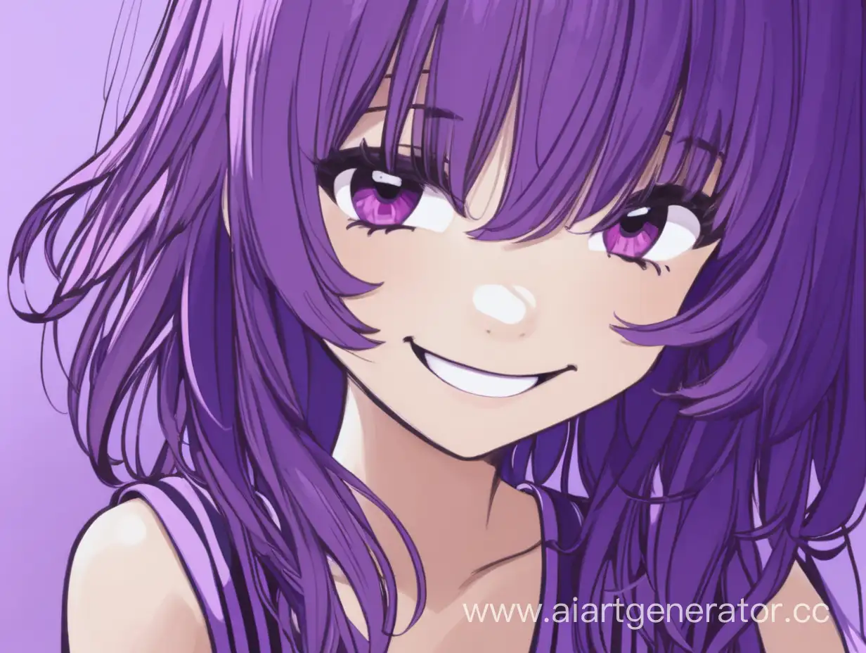 girl, purple hair, smile, a gesture of silence, purple bangs cover her eyes