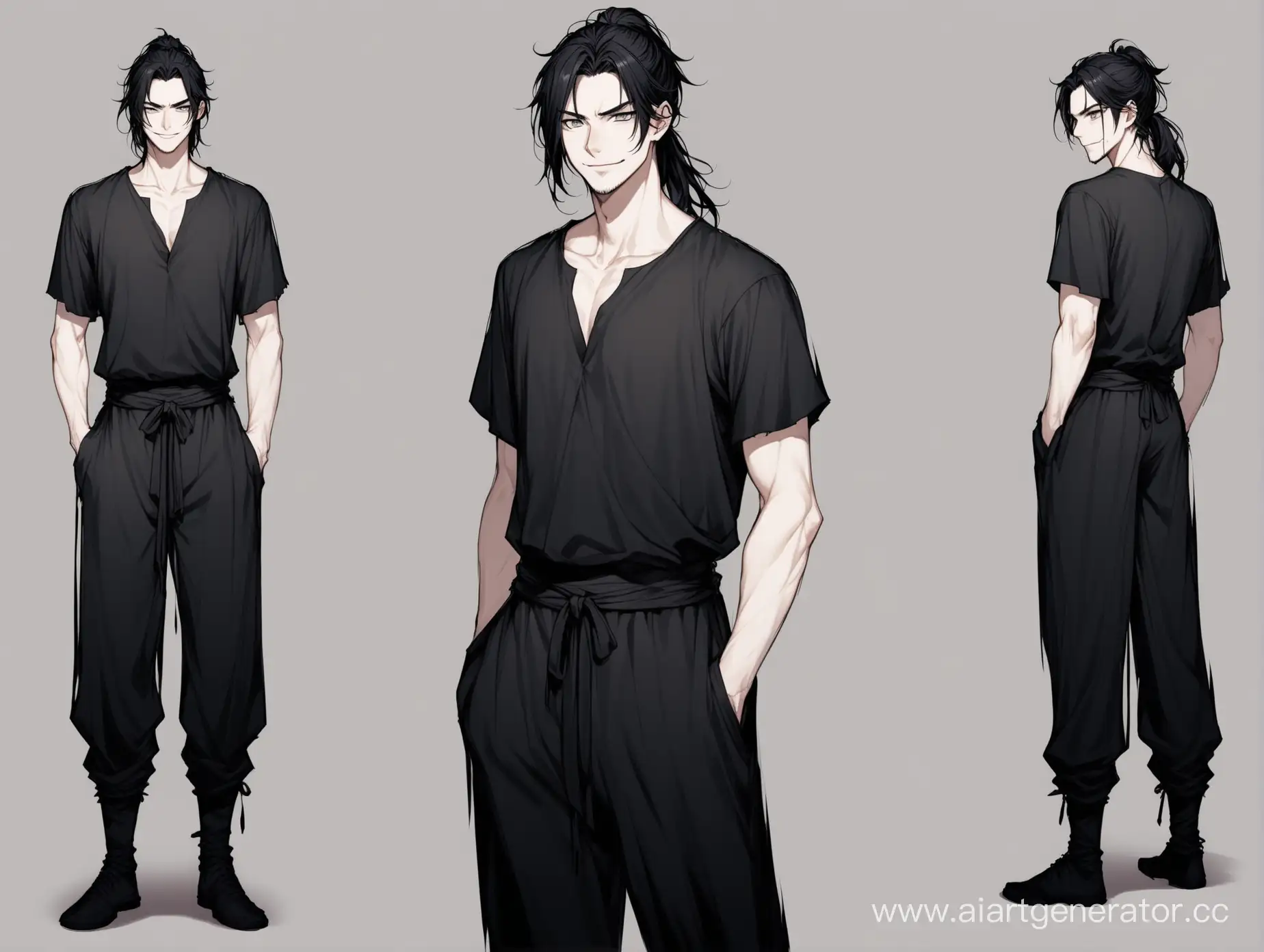 Confident-Smirking-Man-in-Black-Tunic-and-Loose-Pants