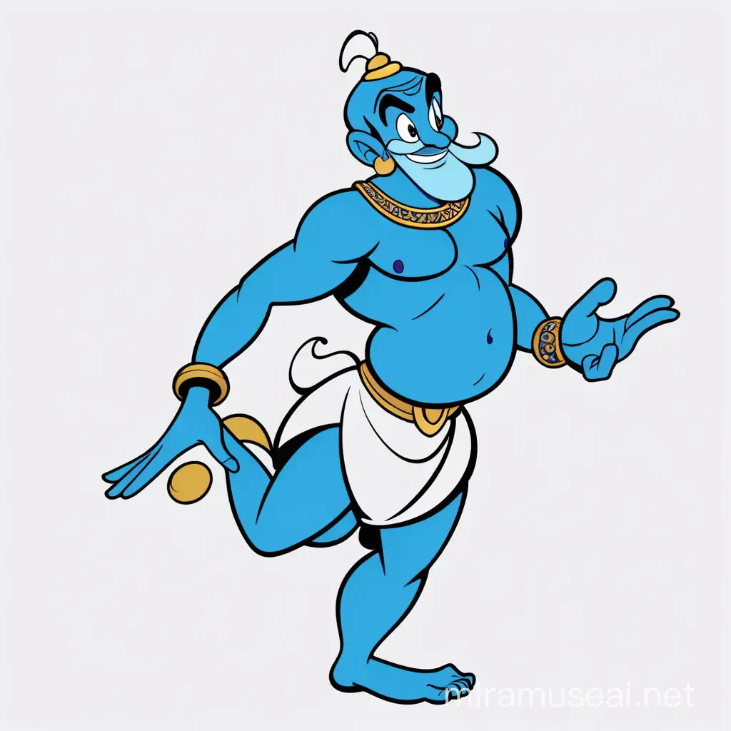 Blue Genie from aladdin disney, blue-skin, full body, minimalist, vector art, colored illustration with a black outline.