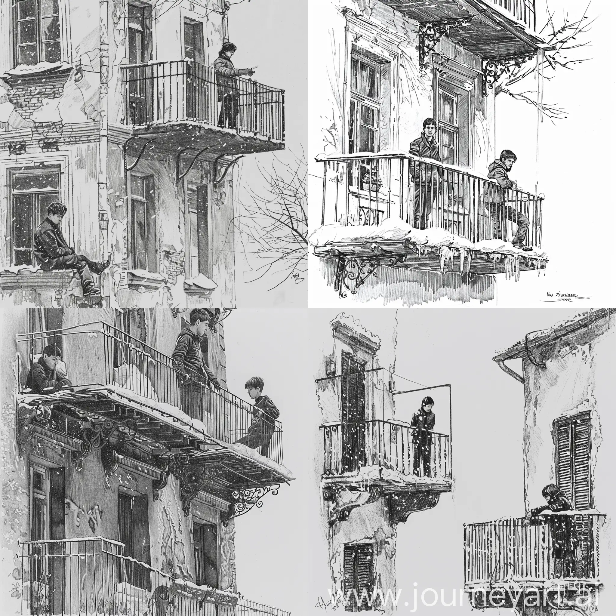 drawing, black/white, winter, snow, new year, holiday, two adjacent balconies, one balcony is old with a metal fence, There is a young man standing on the old balcony, A teenager is sitting on the new balcony