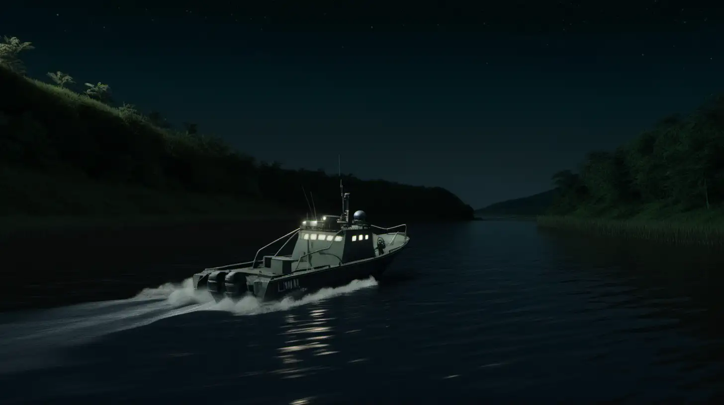 a littoral scene at night.  there should be a winding river with forest along one bank, and fields along the other, with hills in the background, low view angle, and a Special Operations boat. The boat should be cruising into the distance. The boat should have a small wake.  The wake should be behind the boat.