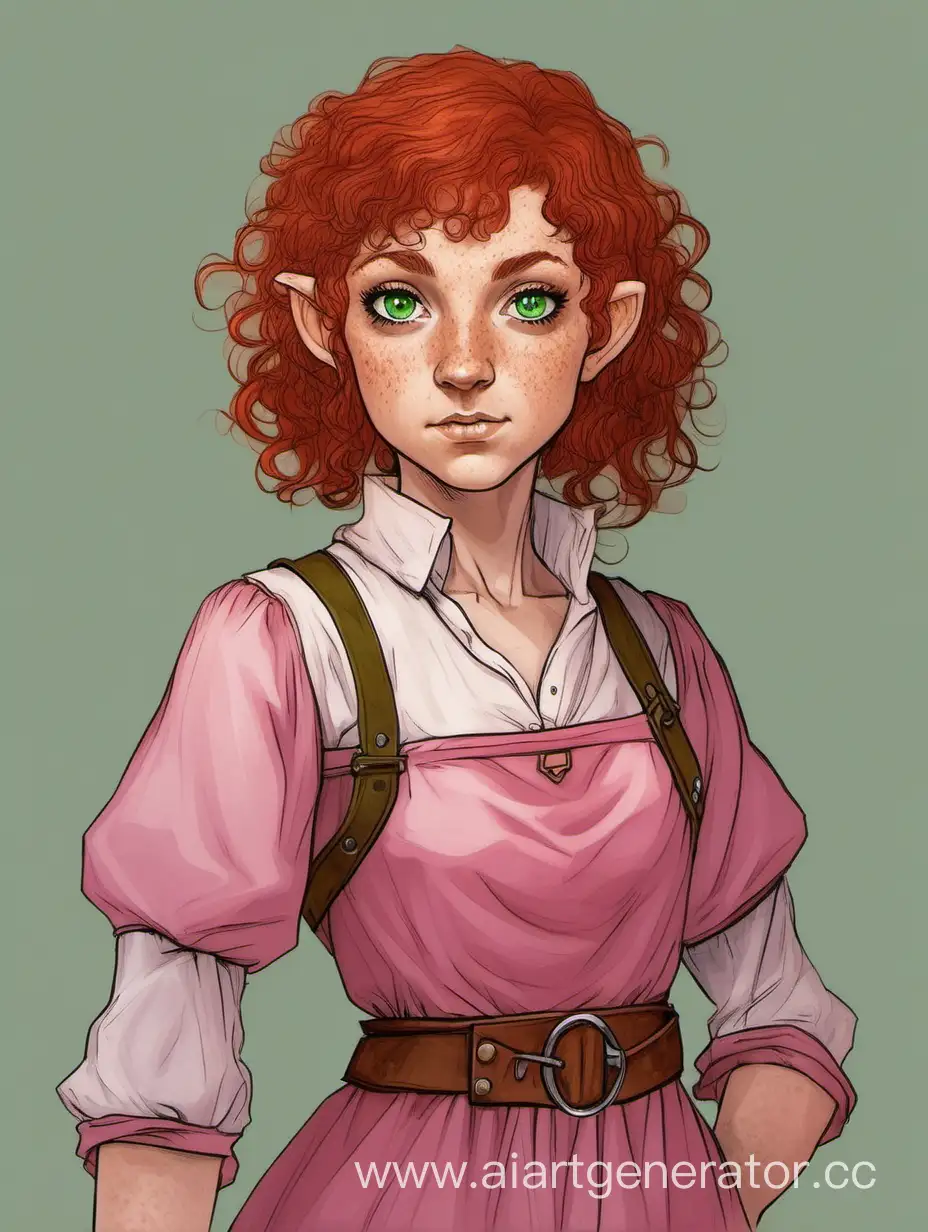 Halfling; young woman; 104 cm; 25 years; small frame; short curly red hair; big green eyes; freckles all over the face and body; DnD character; pink dress