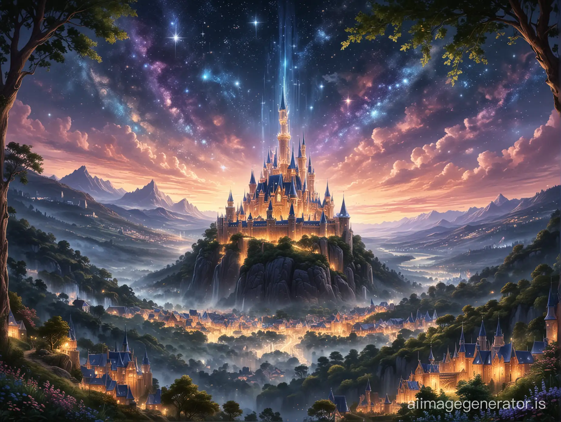 We open to a sprawling kingdom nestled beneath a canopy of twinkling stars. Towers of shimmering crystal rise high above the lush landscape, casting a soft glow upon the kingdom