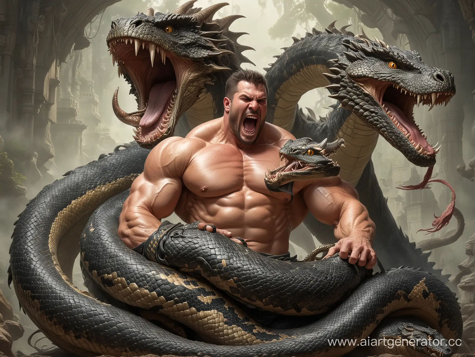 Большой накачанный мужчина душит огромного дракона-змея
