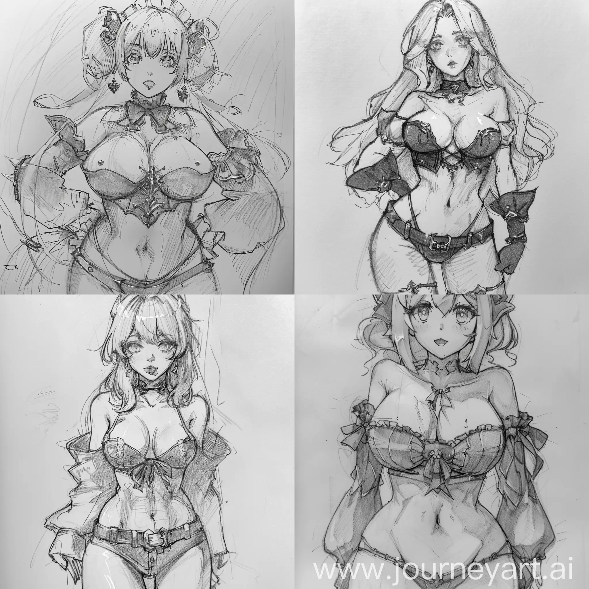 A rough pencil sketch of an anime goth woman with very big and wide hips and a big chest, pencil sketch, anime