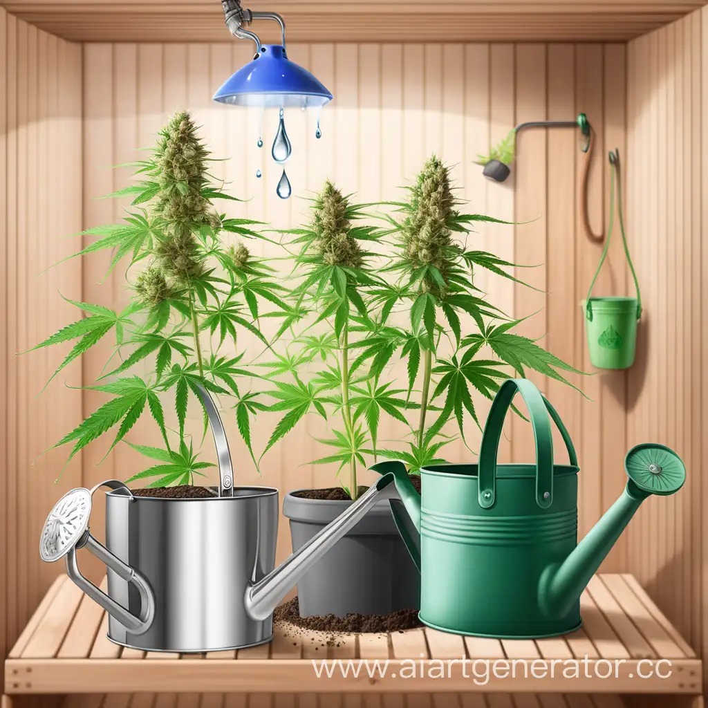 Lush-Blooming-Hemp-Plant-in-Grow-Box-with-Watering-Can