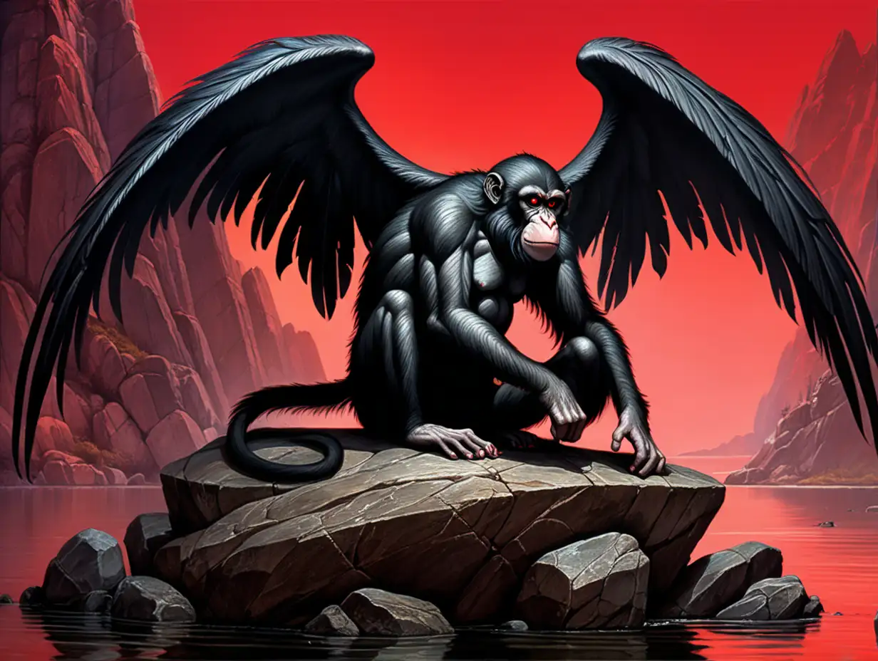 All black angel demonic monkey creature, sitting on rock, rocks surrounding it, lake, Renaissance, red background