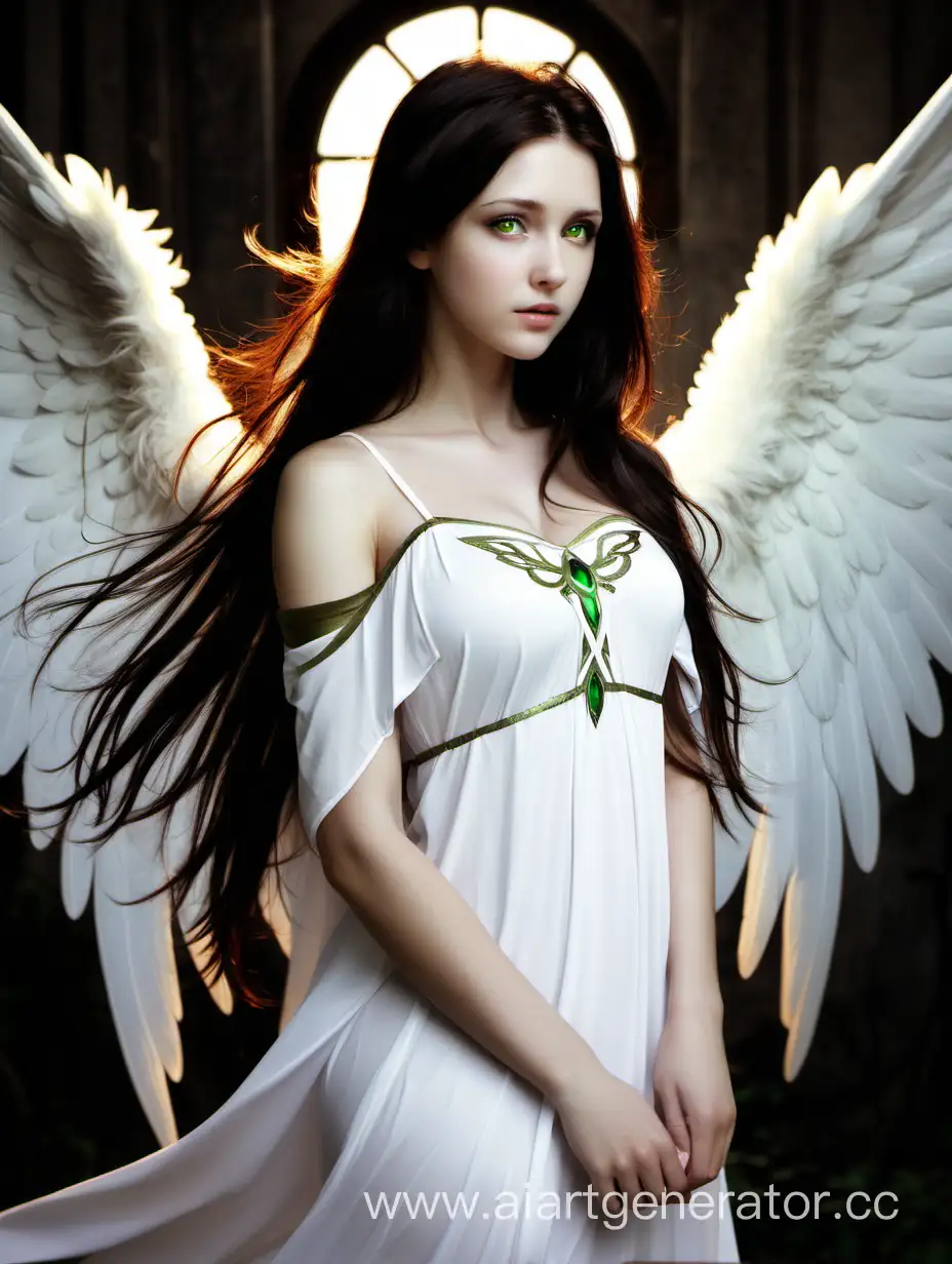 Angel, seraphim, girl, long hair, dark hair, brown hair, green eyes, white dress, big wings, white wings, six wings, halo