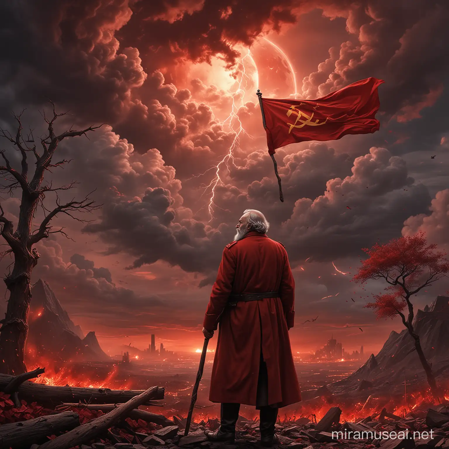 With an imperious gesture, Karl marx,Engels ,Lenin, stalin an Mao. raises the red flag with hammer and sickle towards the darkened skies. Instantly, red clouds swirl around them, obeying their malevolent will. A deep rumble echoes through the air as lightning streaks across the firmament, illuminating the darkness of the night with a sinister red glow. The winds rage, whipping the earth with their devastating fury, uprooting trees and making the mountains tremble.  Under the unwavering gaze of them, the elements unleash in an infernal dance, revealing the undisputed power of the red flag. Mortals, terrified by this display of power, prostrate themselves before them, acknowledging their absolute sovereignty over the world , vibrant, hyper realistic, detailed illustration  Download