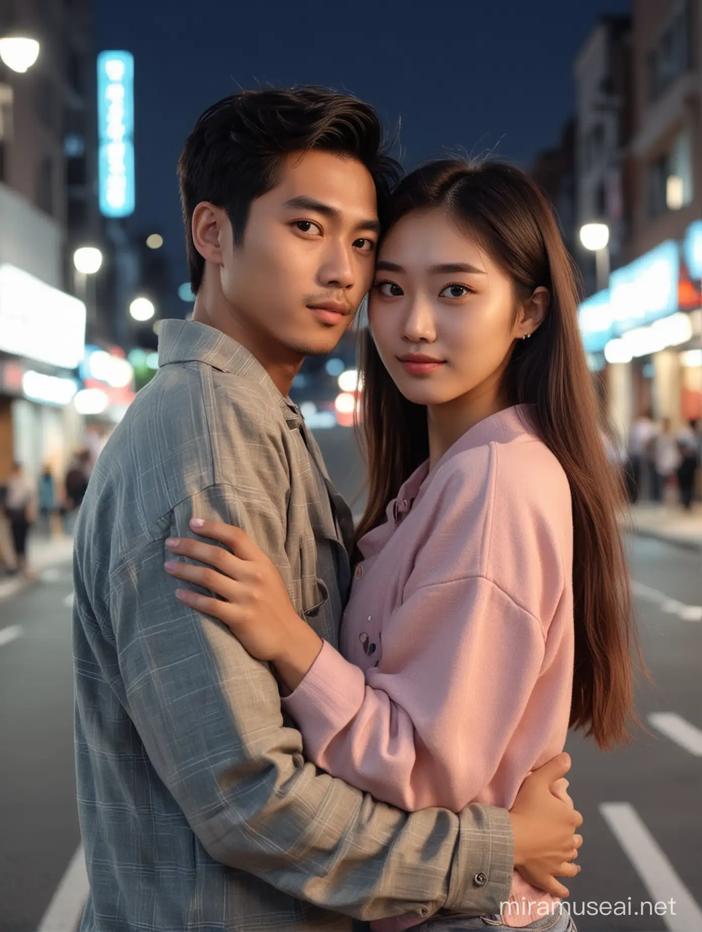 Trendy Indonesian Girl Embracing Man in Korean City Street at Evening
