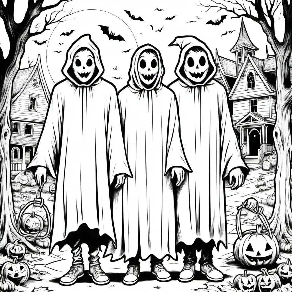 Teenagers in Halloween Ghost and Goblin Costumes Coloring Book Illustration