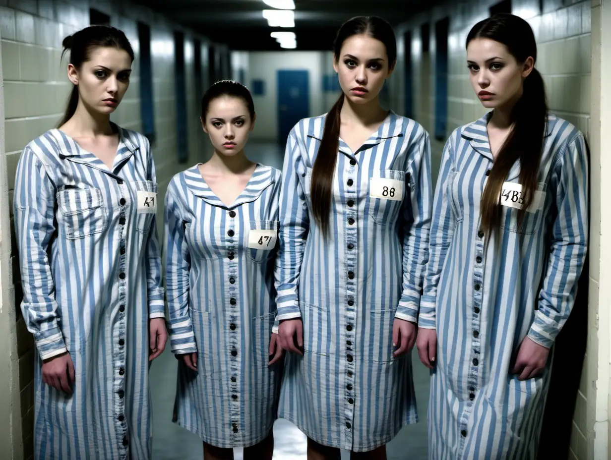 Three busty slim prisoner woman (20 years old, same dress) stand lined up in a prison corridor (ready for inspection) in worn dirty blue-white vertical wide-striped longsleeve midi-length buttoned prisonerdress (, a big printed "478" label on chest pocket, brunette low ponyhair , sad and ashamed ), look into camera