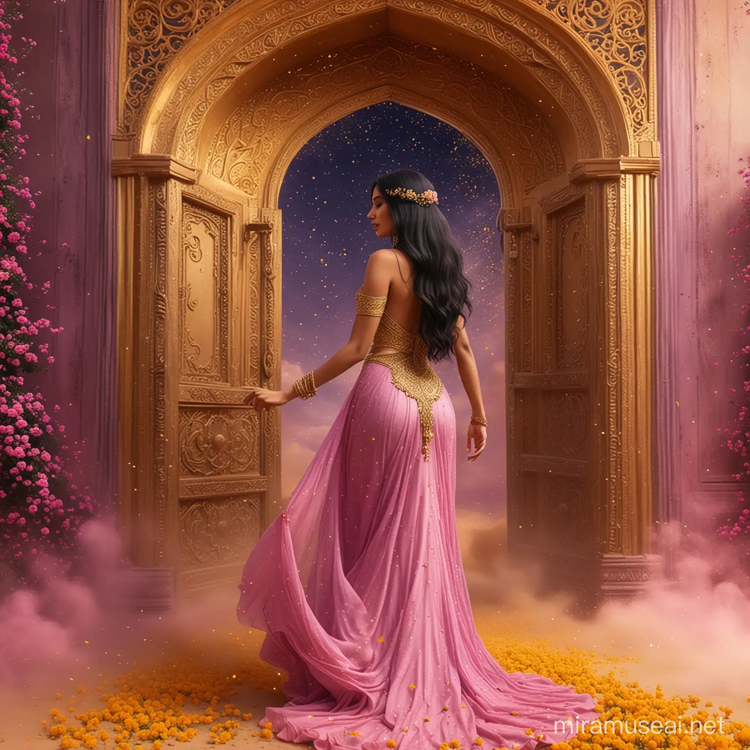 A beautiful woman, from behind, standing up under a huge opened golden arabian door, following the fairy whisper, surrounded by dark pink dust and small dark yellow flowers. Long wavy black hair. Elegant long purple dress, haute couture, sari dress. Background Yellow and pink nebula. Focus the huge golden arabian door. 8k, fantasy, illustration, digital art, illustration art, fantasy art, fantasy style