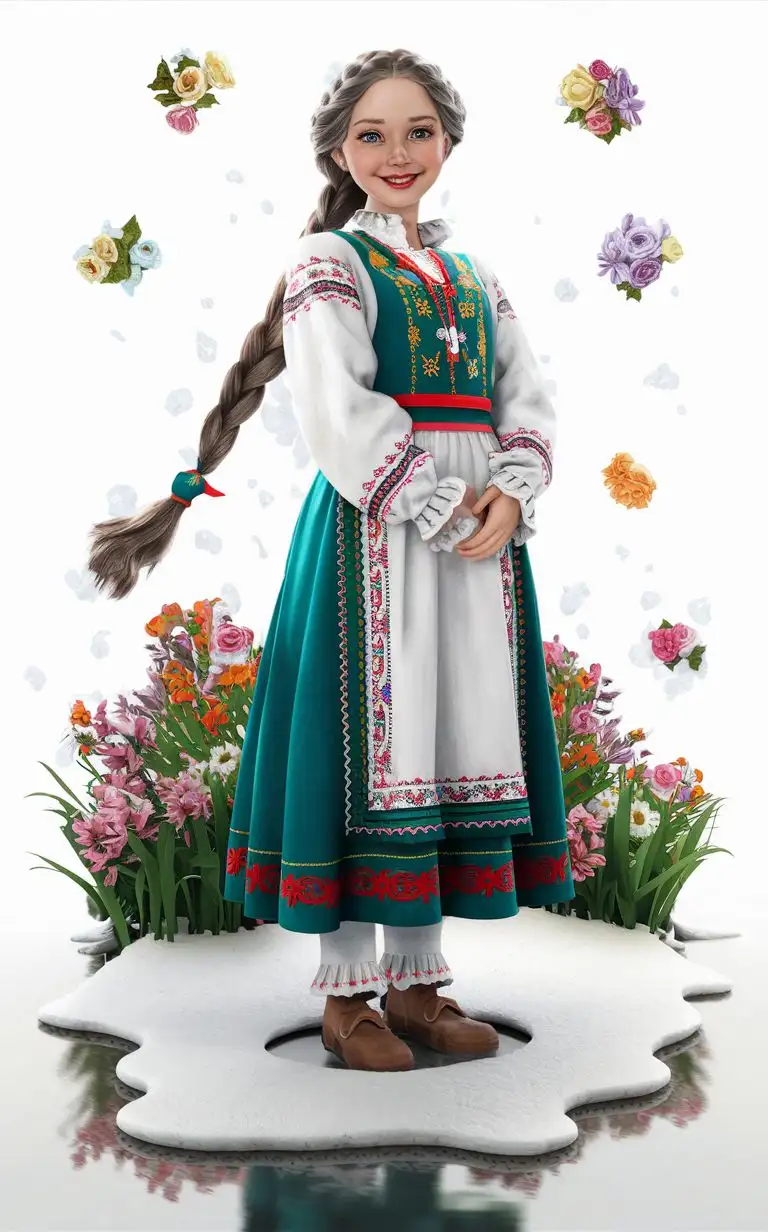 spring girl of Slavic appearance in Russian folk attire, kind face, smile, standing tall, whole body, flowers, melting snow, 1 girl, Look straight ahead, long hair, braid, masterpiece, best quality, 3dmm style,3d, realistic, high-quality, 3D realistic works, ultra-high detail, 4k, white background
