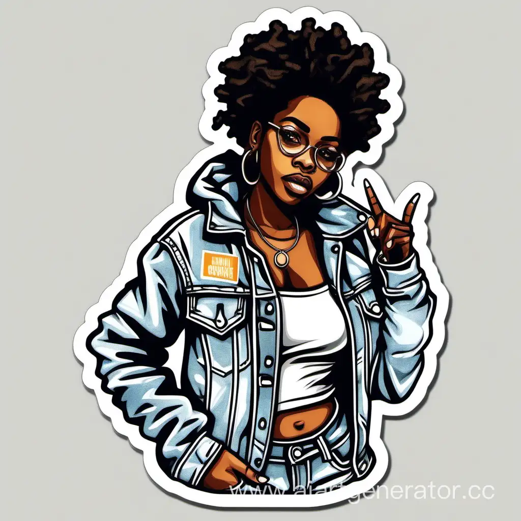 Sticker, Street-Smart Black Woman in Distressed Denim Jacket and Sneakers, Radiating Hip-Hop Swagger, contour, vector, white background