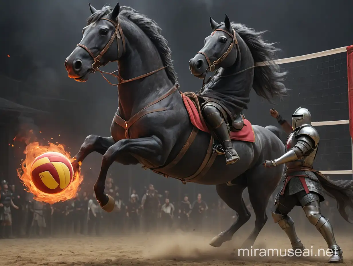 в правой стороне лошадь вставшая на дыбы и с рыцарем, держащим волейбольный мяч в руке на ней, слева конь из чёрного дыма с всадником у которого красным цветом горят глаза. в середине протянута волейбольная сетка