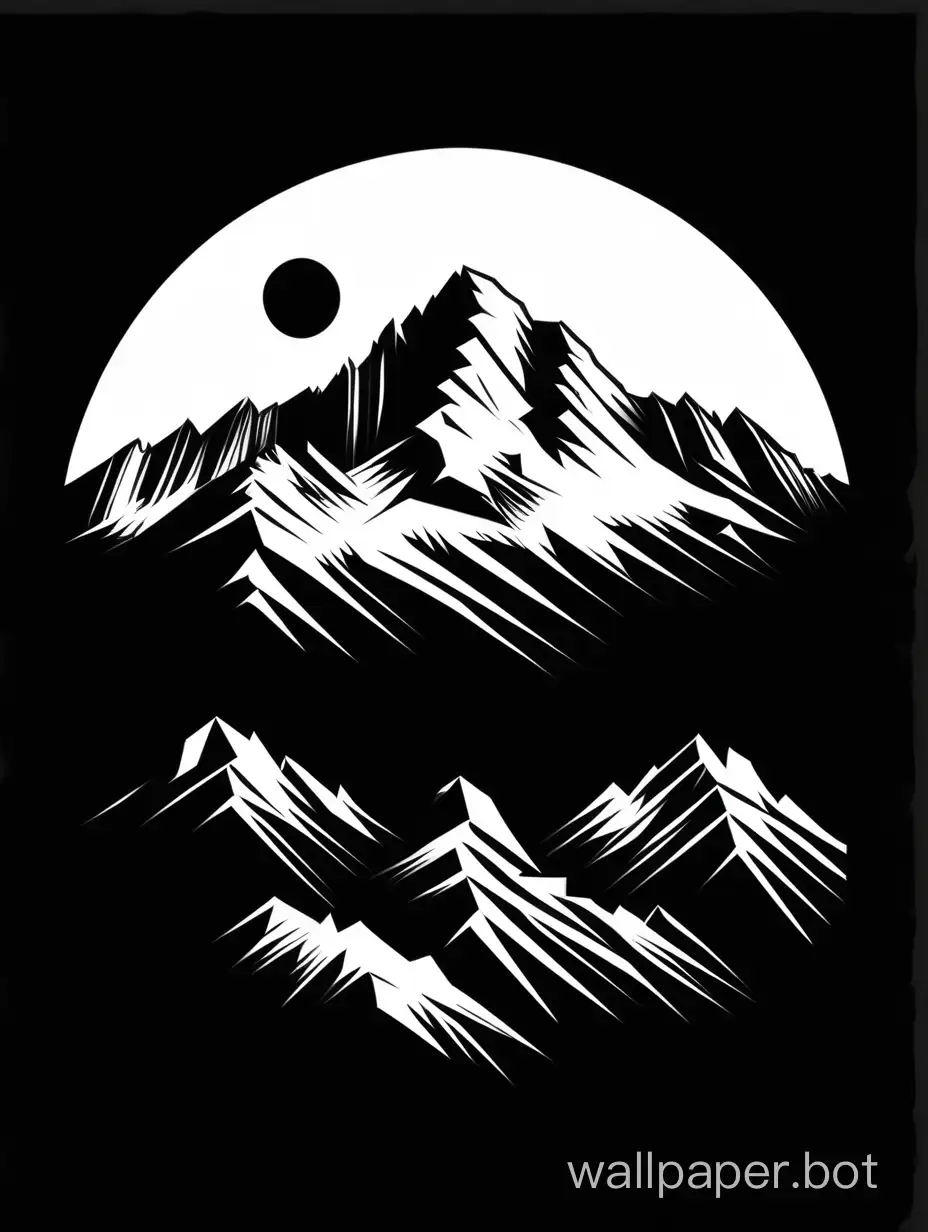 minimalist tech shirt , beautiful mountain illustration, black background, stencil, stycker art