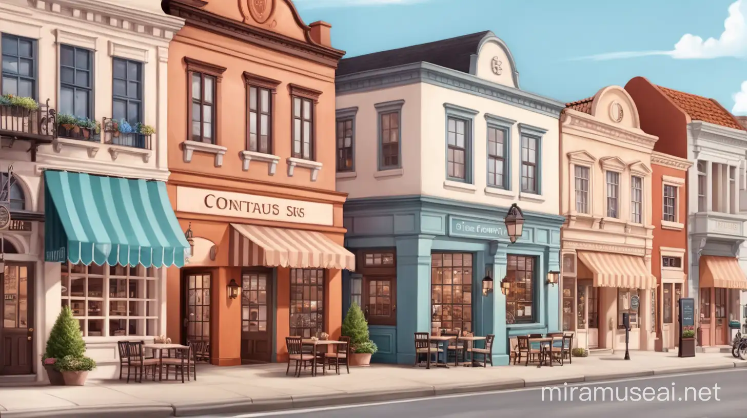 cute, townsquare, shorter buildings, front view of buildings, storefronts, restaurants, cafes, homes
