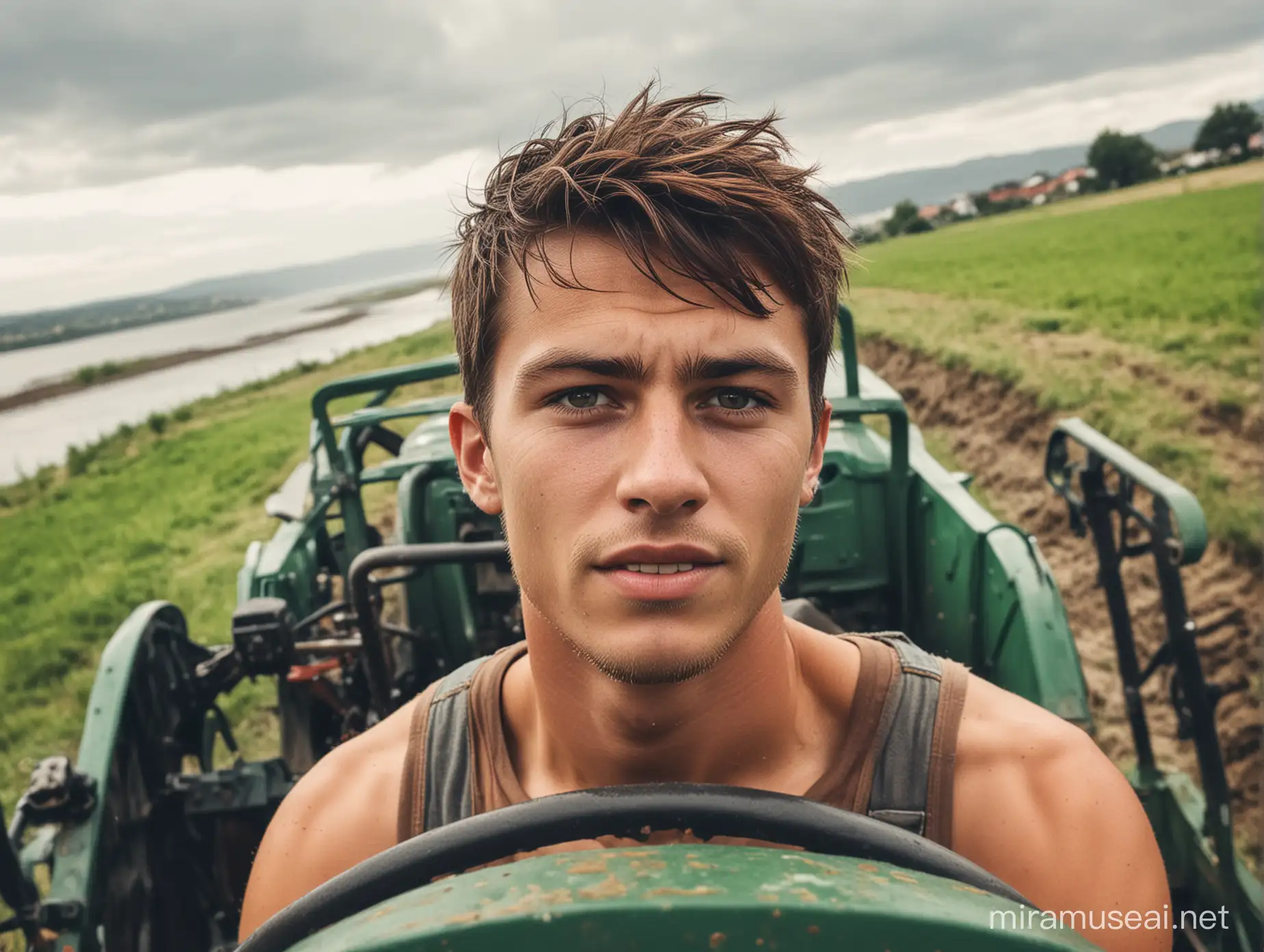 Close-up of a rowdy young man in a tractor. He is plowing a grassy field with a view to a wide river.  