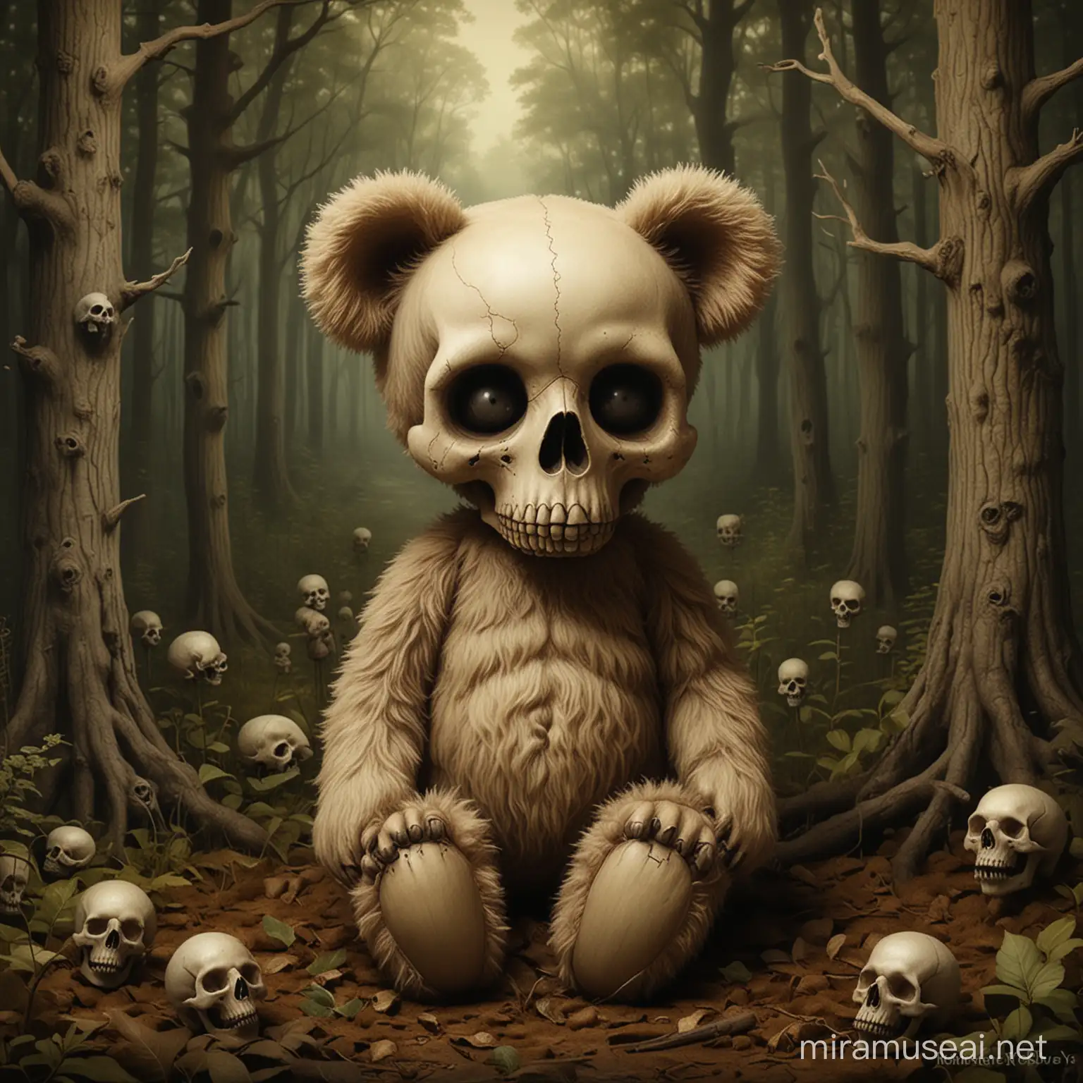 a teddy bear with a human skull and a spooky woodland background in the style of mark ryden